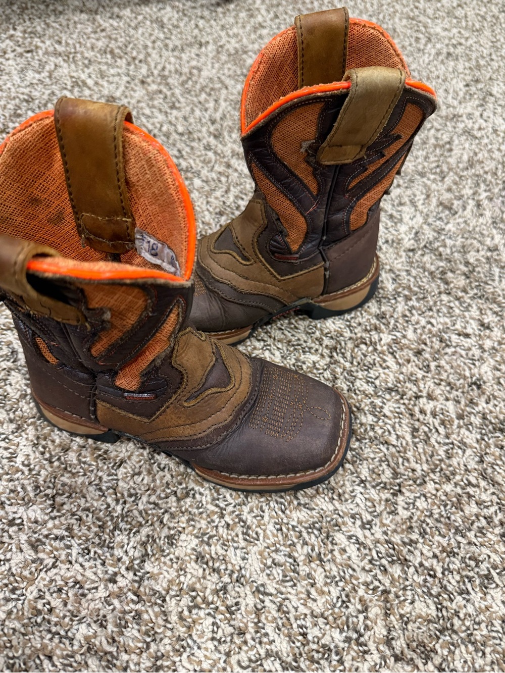 Kids Youth Brown and Orange Western-Style Pull-On Boots- Size 9